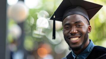 A man in a graduation gown is smiling and holding his hands up in the air photo