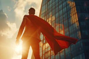 A man in a red cape stands on a rooftop in a city photo