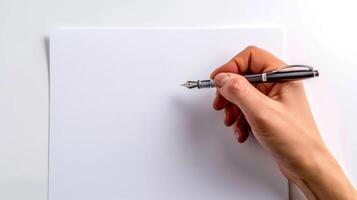 A hand is writing on a blank piece of paper with a pen photo