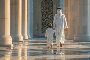 A man and a child are walking down a street in a foreign country photo