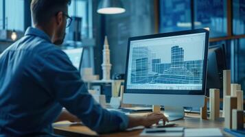 A man is sitting at a desk with a computer monitor in front of him photo