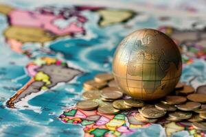 A gold coin sits on top of a pile of pennies and a globe photo