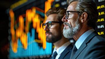 Two men in suits are looking at a screen with graphs on it photo