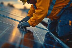 A man in orange safety gear is working on a solar panel photo