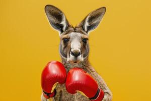 A kangaroo is wearing boxing gloves and standing in front of a yellow background photo