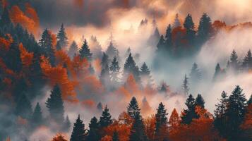 A forest with trees covered in fog and leaves photo