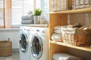 A white washing machine sits in a room with a window and a basket of clothes photo