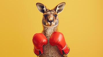 A kangaroo is wearing boxing gloves and standing in front of a yellow background photo