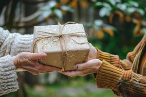 A person is holding a brown box with a string tied around it photo