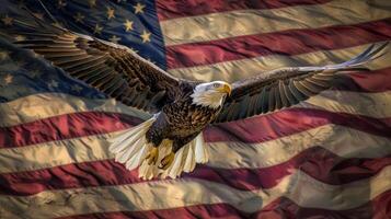A bald eagle flying over a red, white, and blue American flag photo