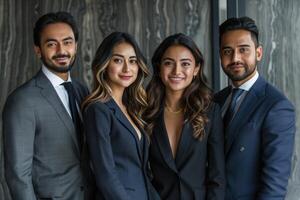 un grupo de cuatro personas son posando para un foto en trajes