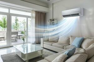 A living room with a large air conditioner blowing cool air photo