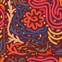Abstract boho seamless floral pattern. Blue, orange, yellow, beige and pink simple floral elements on warm brown background vector