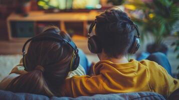 A man and woman are sitting on a couch, both wearing headphones photo