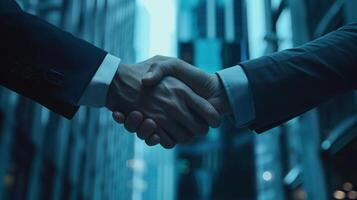 Two men shake hands in a business meeting photo