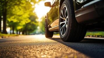 Summer tires on the asphalt road in the sun time for summer tires. photo