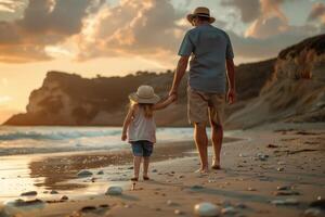 A man and a little girl are walking on the beach photo