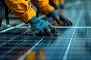 A man in orange safety gear is working on a solar panel photo