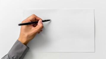 A hand is writing on a blank piece of paper with a pen photo