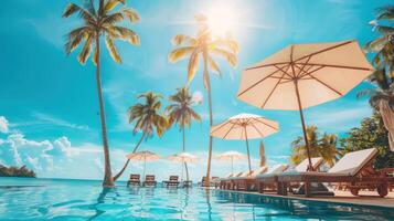 A pool with a beach setting and umbrellas photo