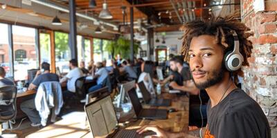 A man with dreadlocks is sitting at a desk in a room with other people photo