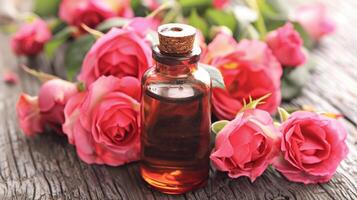 A bottle of rose oil is on a wooden table next to a bunch of roses photo