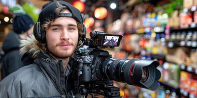 A man with a camera is smiling and holding a camera photo