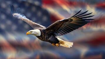 A bald eagle flying over a red, white, and blue American flag photo