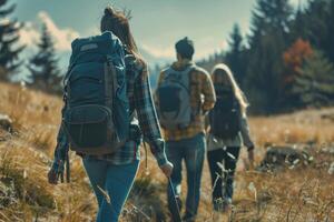 A group of people are walking through a field with backpacks photo