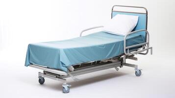 A hospital bed with a blue sheet and a white pillow photo