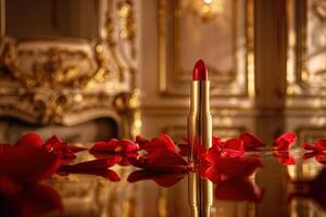 A red lipstick is on a table with red rose petals photo