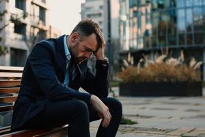 A man in a suit is sitting on a bench and looking down. He is in a state of distress or sadness photo