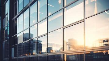 A building glass window with a view of a city skyline. The sun is setting, casting a warm glow on the glass photo