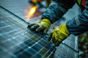 A man in orange safety gear is working on a solar panel photo