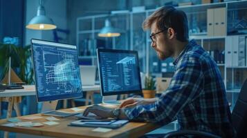 A man is sitting at a desk with a computer monitor in front of him photo