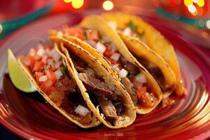 Three tacos with meat and vegetables on a red plate photo