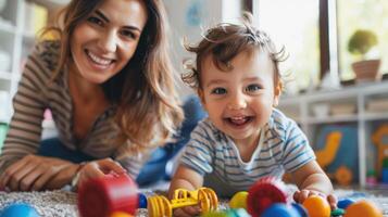 A woman and a child are playing with a pile of colorful blocks photo