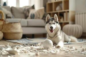 Siberian husky, broken vase fragments of porcelain around the dog in a modern house living room area photo