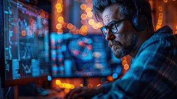 A man is sitting in front of a computer monitor security network photo