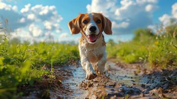 un perro es corriendo mediante barro y agua, con sus lengua fuera foto