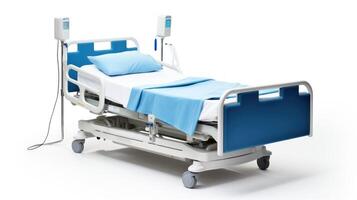 un hospital cama con un azul sábana y un blanco almohada foto