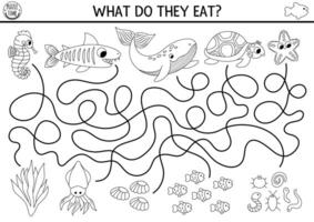 Under the sea black and white maze for kids with turtle, whale, shark, seahorse. Ocean line preschool printable activity with fish, food. Water labyrinth game, coloring page. What do they eat vector