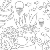 black and white under the sea landscape illustration with red crab on rock. Ocean life line scene with reef, seaweeds, stones, corals, fish. Cute square water nature background, coloring page vector