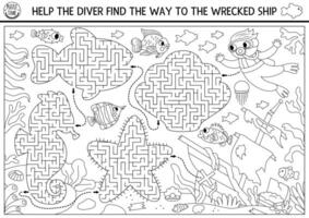 Under the sea black and white maze for kids geometrical sea horse, fish, seashell. Ocean line preschool printable activity. Water labyrinth coloring page. Help the diver find way to wrecked ship vector