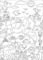 black and white under the sea landscape illustration with rock slope. Ocean life line scene with animals, dolphin, whale, seagull, pelican. Vertical water nature background or coloring page vector