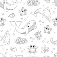black and white under the sea seamless pattern. Repeat line background with dolphin, whale, star, crab, seaweeds. Ocean life digital paper. Funny water animals and weeds coloring page vector