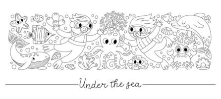 black and white horizontal under the sea border set with fish, divers. Line ocean card template design or coloring page. Cute water animals border with dolphin, whale, octopus, star, crab vector