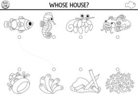 Under the sea black and white matching activity with cute fish and houses. Water line puzzle with clownfish, seahorse, catfish. Match objects game. Printable worksheet. Ocean coloring page vector