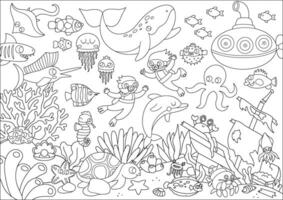 black and white under the sea landscape illustration. Ocean life line scene with animals, dolphin, whale, submarine, divers, wrecked ship. Horizontal water nature background, coloring page vector