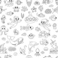 black and white under the sea seamless pattern. Repeat background with cute fish, seaweeds, divers, submarine. Ocean life line digital paper. Water animals and weeds coloring page vector